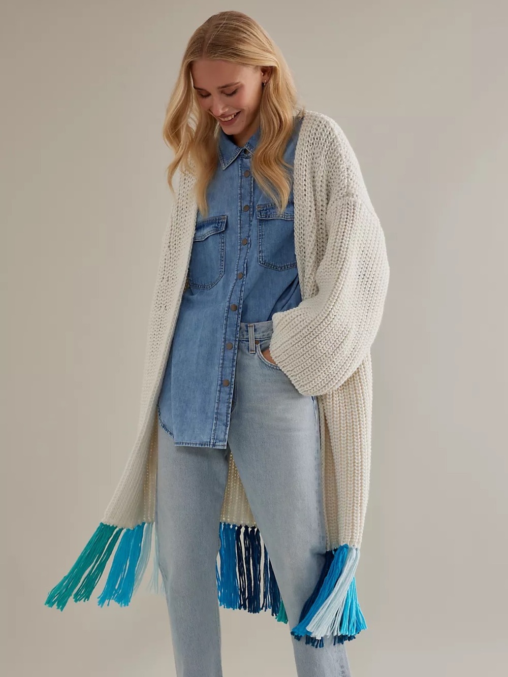 By Anthropologie Multicolour Fringe Duster Kimono Chunky Cardigan Wool Blend